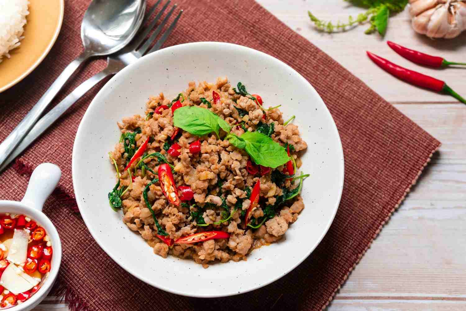 Assorted hibachi and Thai dishes presented for sharing